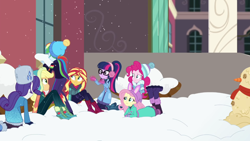 Size: 1920x1082 | Tagged: safe, derpibooru import, screencap, applejack, fluttershy, pinkie pie, rainbow dash, rarity, sci-twi, sunset shimmer, twilight sparkle, better together, equestria girls, holidays unwrapped, blizzard or bust, humane five, humane seven, humane six, snowman