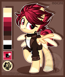 Size: 1876x2222 | Tagged: safe, artist:petruse4ka, derpibooru import, oc, oc only, pegasus, pony, clothes, colored hooves, cyrillic, ear piercing, pegasus oc, piercing, raised hoof, raised leg, reference sheet, russian, smiling, solo, two toned wings, watermark, wings