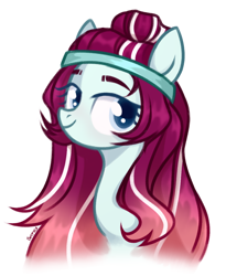 Size: 926x1132 | Tagged: safe, artist:petruse4ka, derpibooru import, oc, oc only, earth pony, pony, bust, earth pony oc, eyelashes, female, headband, mare, signature, simple background, smiling, solo, white background