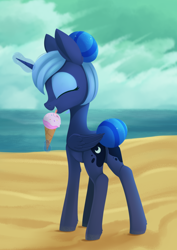 Size: 988x1394 | Tagged: safe, artist:dusthiel, derpibooru import, princess luna, alicorn, pony, alternate hairstyle, atg 2021, eating, eyes closed, female, food, hair bun, ice cream, levitation, licking, magic, mare, newbie artist training grounds, open mouth, open smile, rear view, smiling, solo, tail bun, telekinesis, tongue, tongue out