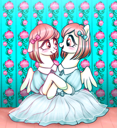 Size: 1035x1129 | Tagged: safe, artist:jvartes6112, derpibooru import, oc, oc only, pegasus, pony, addams family, adoracreepy, blushing, bow, clothes, conjoined, conjoined twins, creepy, cute, dress, duo, eyelashes, flora and fauna amor, hair bow, hug, pegasus oc, siblings, smiling, twins, wings