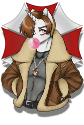 Size: 1080x1596 | Tagged: safe, artist:jvartes6112, derpibooru import, oc, oc:jv6112, anthro, pony, unicorn, 2020, bubblegum, bust, clothes, food, gum, horn, jewelry, leon s. kennedy, male, necklace, ponified, resident evil, simple background, solo, transparent background