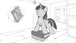 Size: 1920x1080 | Tagged: safe, artist:pencilfriend, derpibooru import, twilight sparkle, unicorn, bookshelf, chalkboard, cutie mark, door, levitation, magic, monochrome, solo, spell, sweat, telekinesis, window