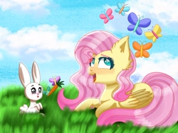 Size: 2160x1620 | Tagged: safe, artist:galaxy swirl, derpibooru import, fluttershy, angel, butterfly, pegasus, pony, carrot, food, lying down, prone