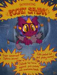 Size: 3024x4032 | Tagged: safe, artist:wispy tuft, derpibooru import, sphinx (character), sphinx, chibi, clothes, cough* jinxy (character), cute, description is relevant, ear fluff, ears, excessive fluff, fake ad, headdress, jeans, jewelry, macro, macro/micro, marsupial, micro, pants, pocket sphinx, solo, spread wings, tiny giantess, wholesome, wings