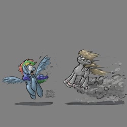 Size: 2000x2000 | Tagged: safe, artist:th3ipodm0n, derpibooru import, derpy hooves, rainbow dash, pegasus, pony, atg 2020, female, gotta go fast, gray background, newbie artist training grounds, open mouth, scared, simple background, this will end in pain