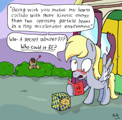 Size: 1280x1260 | Tagged: safe, artist:ebbysharp, derpibooru import, derpy hooves, doctor whooves, earth pony, pegasus, pony, atg 2020, blushing, doctorderpy, female, heart, letter, male, newbie artist training grounds, secret admirer, shipping, straight