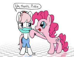 Size: 1700x1300 | Tagged: safe, artist:ebbysharp, derpibooru import, nurse redheart, pinkie pie, earth pony, pony, atg 2020, coronavirus, drawing, female, mask, newbie artist training grounds, simple background, speech bubble, white background