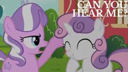 Size: 1280x720 | Tagged: safe, derpibooru import, edit, edited screencap, editor:quoterific, screencap, diamond tiara, sweetie belle, earth pony, pony, unicorn, crusaders of the lost mark, season 5, ^^, annoyed, cute, diamond tiara is not amused, diasweetes, duo, duo female, eyes closed, female, filly, frown, grin, open mouth, ponyville schoolhouse, smiling, unamused