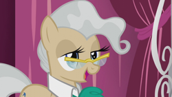 Size: 1920x1080 | Tagged: safe, derpibooru import, screencap, mayor mare, earth pony, pony, slice of life (episode), female, glasses, jabot, mare, open mouth, solo