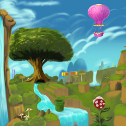 Size: 2000x2000 | Tagged: safe, artist:darksly, derpibooru import, spike, twilight sparkle, unicorn twilight, dragon, pony, unicorn, atg 2021, hot air balloon, mushroom, newbie artist training grounds, river, super mario bros., tree, twinkling balloon, waterfall