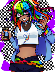 Size: 1004x1299 | Tagged: safe, artist:michizombi, derpibooru import, rainbow dash, human, abstract background, belly button, clothes, cutie mark, cutie mark on clothes, female, humanized, kotobukiya, kotobukiya rainbow dash, midriff, solo