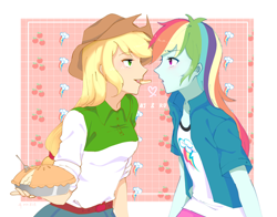 Size: 500x392 | Tagged: artist needed, source needed, safe, derpibooru import, applejack, rainbow dash, equestria girls, appledash, female, food, lesbian, pie, shipping