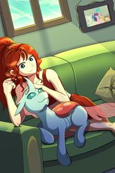 Size: 2000x3000 | Tagged: safe, artist:littletigressda, derpibooru import, ocellus, oc, changedling, changeling, human, cuddlebug, cuddling, fanfic, fanfic art, fanfic cover, female, human oc, sofa