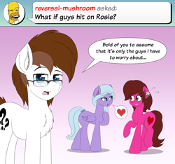 Size: 4000x3742 | Tagged: safe, artist:aarondrawsarts, derpibooru import, fond feather, oc, oc:brain teaser, oc:rose bloom, earth pony, pegasus, ask, ask brain teaser, dialogue, female, glasses, male, nervous, reversalmushroom, tumblr