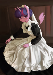 Size: 1500x2101 | Tagged: safe, artist:mrscroup, derpibooru import, twilight sparkle, twilight sparkle (alicorn), alicorn, anthro, clothes, dress, female, floating wings, looking at you, maid, maidlight sparkle, mare, solo, wings
