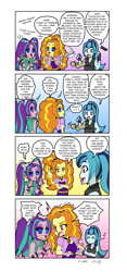 Size: 1003x2147 | Tagged: safe, artist:zero-q, derpibooru import, adagio dazzle, aria blaze, sonata dusk, equestria girls, 4 panel comic, 4koma, behaving like a chicken, comic, commission, crossed arms, dialogue, drool, entranced, eyes closed, female, finger snap, food, gradient background, head turn, hypnosis, hypnotist, hypnotized, music notes, obedience, onomatopoeia, open mouth, open smile, pendulum swing, pocket watch, right to left, scared, shrunken pupils, smiling, smug, speech bubble, swirly eyes, taco, the dazzlings, trio, trio female