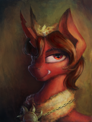 Size: 4782x6376 | Tagged: safe, artist:blvckmagic, derpibooru import, oc, oc only, oc:red flux, changeling, hybrid, moth, mothling, original species, bust, chest fluff, crown, jewelry, medallion, portrait, red changeling, regalia, smug