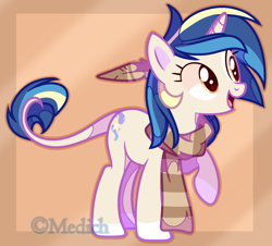 Size: 1702x1541 | Tagged: safe, artist:mediasmile666, derpibooru import, oc, oc only, pony, unicorn, abstract background, clothes, feather, female, leonine tail, mare, raised hoof, raised leg, scarf, smiling, solo