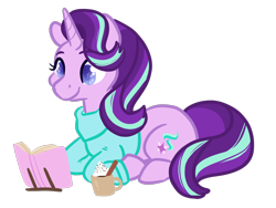 Size: 2316x1738 | Tagged: safe, artist:ganseyiii, artist:howdyhorsey, derpibooru import, starlight glimmer, pony, unicorn, book, clothes, female, lying down, mare, prone, reading, simple background, solo, sweater, transparent background