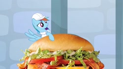 Size: 1280x720 | Tagged: safe, artist:heyitshayburgers, derpibooru import, edit, edited screencap, screencap, rainbow dash, pegasus, pony, tanks for the memories, burger, cheeseburger, food, hamburger, hard hat, solo