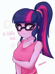 Size: 1421x1934 | Tagged: safe, artist:maren, derpibooru import, sci-twi, twilight sparkle, equestria girls, adorkable, alternate hairstyle, arm under breasts, blushing, breasts, cleavage, clothes, cute, doodle, dork, glasses, simple background, solo, sweat, tanktop, twiabetes, white background