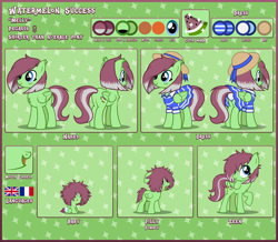 Size: 8292x7228 | Tagged: safe, artist:lightning stripe, derpibooru exclusive, derpibooru import, oc, oc only, oc:watermelon success, pegasus, pony, 2021, 3/4 view, :p, absurd resolution, blue eyes, bob cut, butt, chest fluff, clothes, collar, commission, covered eyes, cute, cutie mark, diaper, dress, ear fluff, ears, female, female symbol, filly, floppy ears, foal, folded wings, freckles, french flag, front view, green background, hair over eyes, hair over one eye, hat, mare, messy mane, ocbetes, one hoof raised, open mouth, panties, patterned background, pegasus oc, plot, rear view, red mane, reference sheet, ribbon, show accurate, simple background, sitting, smiling, solo, technically an upskirt shot, teenager, text, tomboy, tongue, tongue out, tooth gap, transparent background, two toned mane, two toned tail, underwear, union flag, union jack, upskirt, vector, wings