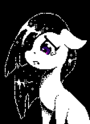 Size: 1120x1540 | Tagged: safe, artist:terrafomer, derpibooru import, marble pie, earth pony, pony, black background, bust, ears, female, floppy ears, hair over one eye, looking at something, looking away, mare, open mouth, partial color, pixel art, portrait, sad, simple background, sitting, solo, teary eyes, three quarter view