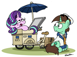 Size: 2241x1650 | Tagged: safe, artist:bobthedalek, derpibooru import, starlight glimmer, oc, pony, unicorn, atg 2021, basket, bicycle, clothes, hat, ice cream stand, necktie, newbie artist training grounds, relief, tongue, tongue out, umbrella