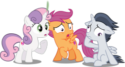 Size: 3411x1848 | Tagged: safe, artist:frownfactory, artist:slb94, derpibooru import, edit, edited edit, editor:slayerbvc, rumble, scootaloo, sweetie belle, alicorn, pegasus, pony, unicorn, alicornified, colt, cutie mark, derp, dizzy, ears, female, filly, floppy ears, high res, male, oops, race swap, raised hoof, raised leg, rumblecorn, shocked, simple background, sitting, smoking horn, the cmc's cutie marks, transparent background, trio, vector, vector edit, what has magic done