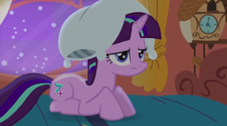 Size: 1280x714 | Tagged: safe, derpibooru import, edit, edited screencap, screencap, starlight glimmer, pony, unicorn, friendship is magic, bed, bedroom, clock, female, golden oaks library, insomnia, mare, not twilight sparkle, pillow, pillow hat, recolor, sitting, starlight sparkle, stars, tired, unamused