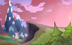 Size: 4000x2500 | Tagged: safe, artist:pizzamovies, derpibooru import, background, canterlot mountain, cliff, mountain, no pony, pine tree, ponyville, snow, tree, windmill