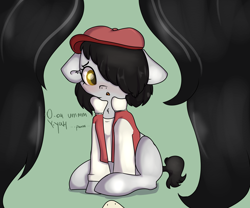 Size: 3000x2500 | Tagged: safe, artist:dumbwoofer, derpibooru import, oc, oc:chimney peep, oc:floor bored, blank flank, blushing, clothes, female, hair over one eye, hat, mare, neet, nervous, offscreen character, pov, text