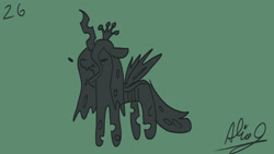 Size: 1920x1080 | Tagged: safe, artist:aliceg, queen chrysalis, changeling, changeling queen, changeling wings, doodle, dot eyes, female, green background, horn, insect wings, monochrome, signature, simple background, solo, wings