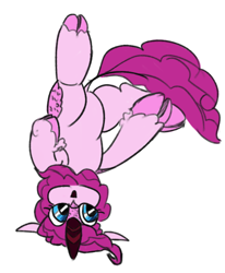Size: 524x636 | Tagged: safe, artist:dinexistente, pinkie pie, kirin, cloven hooves, female, horn, quadrupedal, silly, simple background, solo, species swap, upside down, white background