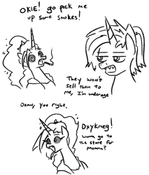 Size: 764x897 | Tagged: safe, artist:jargon scott, derpibooru import, oc, oc:dyx, oc:okie dokey loki, alicorn, pony, unicorn, bad parenting, black and white, cigarette, comic, dialogue, duo, female, filly, grayscale, magical lesbian spawn, mare, monochrome, mother and child, mother and daughter, offscreen character, offspring, older, older dyx, parent and child, parent:oc:dyx, parent:oc:filly anon, parents:oc x oc, sharp teeth, simple background, smoking, teeth, white background, wingding eyes