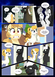 Size: 3259x4607 | Tagged: safe, artist:estories, derpibooru import, oc, oc only, oc:alice goldenfeather, oc:fable, oc:golden jewel, oc:möbius, earth pony, pegasus, pony, comic:nevermore, ..., brother and sister, clothes, colt, comic, cute, dialogue, earth pony oc, female, horn, male, mare, ocbetes, pegasus oc, siblings, speech bubble, stallion, wings