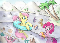 Size: 1400x1006 | Tagged: safe, artist:nedemai, derpibooru import, applejack, fluttershy, pinkie pie, twilight sparkle, twilight sparkle (alicorn), alicorn, fish, atg 2021, ball, beach, beach ball, inflatable toy, newbie artist training grounds, palm tree, ponytail, summer, tree, water