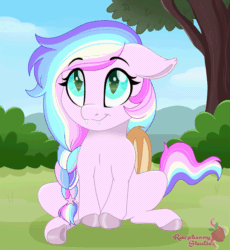 Size: 2517x2733 | Tagged: safe, artist:raspberrystudios, derpibooru import, oc, oc only, bat pony, animated, bat pony oc, blinking, braid, bush, chibi, commission, cute, ear fluff, ears, female, grass, mare, multicolored mane, scenery, sitting, tail wag, tree, ych example, ych result, your character here