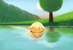 Size: 1758x1202 | Tagged: safe, artist:aquaticvibes, derpibooru import, applejack, earth pony, pony, atg 2021, cooling, cute, eyes closed, grass, jackabetes, newbie artist training grounds, sun, tree, water, wet, wet mane