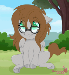 Size: 2517x2733 | Tagged: safe, artist:raspberrystudios, derpibooru import, oc, oc only, pegasus, pony, absurd file size, absurd gif size, animated, blinking, bush, chibi, commission, cute, eye clipping through hair, eyebrows, eyebrows visible through hair, female, gif, glasses, grass, high res, mare, ocbetes, pegasus oc, scenery, sitting, smiling, solo, tail wag, tree, wings, ych example, ych result, your character here