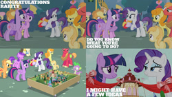 Size: 1280x720 | Tagged: safe, derpibooru import, edit, edited screencap, editor:quoterific, screencap, alula, amethyst star, applejack, big macintosh, carrot top, fluttershy, golden harvest, noi, pluto, rarity, sparkler, spike, twilight sparkle, twilight sparkle (alicorn), alicorn, dragon, earth pony, pegasus, pony, unicorn, season 4, simple ways, ace point, applejack's hat, clothes, cowboy hat, eyes closed, female, filly, hat, male, mare, offscreen character, open mouth, smiling, stallion, sweat, town hall