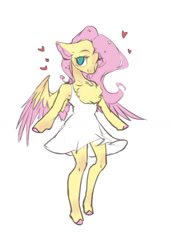 Size: 950x1388 | Tagged: safe, artist:makkah, derpibooru import, fluttershy, anthro, pegasus, unguligrade anthro, arm hooves, chest fluff, clothes, cute, dress, ears, female, floating heart, floppy ears, heart, looking at you, mare, one eye closed, shyabetes, simple background, smiling, smiling at you, white background, white dress, wink, winking at you