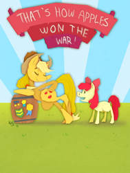 Size: 900x1190 | Tagged: safe, artist:stevetwisp, derpibooru import, apple bloom, applejack, earth pony, pony, friendship is witchcraft, apple sisters, barrel, duo, female, filly, foal, how applejack won the war, mare, medal