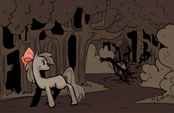 Size: 900x587 | Tagged: safe, artist:stevetwisp, derpibooru import, apple bloom, earth pony, pony, bow, darkness, female, filly, forest, monster, red eyes, story of the blanks, sweat, tree