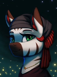 Size: 1761x2377 | Tagged: safe, artist:mrscroup, derpibooru import, oc, oc only, zebra, equestria at war mod, bust, clothes, ear fluff, ears, female, green eyes, jewelry, looking at you, looking sideways, mare, necklace, portrait, smiling, smiling at you, solo, stars, zebra oc