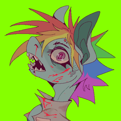 Size: 500x500 | Tagged: safe, artist:kat, derpibooru import, rainbow dash, pony, fanfic:rainbow factory, blood, fanfic art, open mouth, shark teeth, sharp teeth, solo, teeth