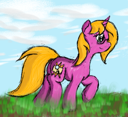 Size: 1177x1080 | Tagged: safe, artist:bryastar, derpibooru import, oc, oc only, oc:bright star, pony, unicorn, cloud, female, glasses, grass, raised hoof, raised leg, side view, sky