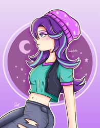 Size: 1200x1538 | Tagged: safe, artist:jinnglebelle, derpibooru import, starlight glimmer, human, beanie, clothes, freckles, hat, humanized, light skin, midriff, solo