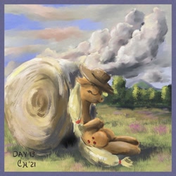 Size: 1000x1000 | Tagged: safe, artist:clarkeotterton, derpibooru import, applejack, atg 2021, cloud, cloudy, haybale, meadow, newbie artist training grounds, painterly, scenery, sleeping, solo